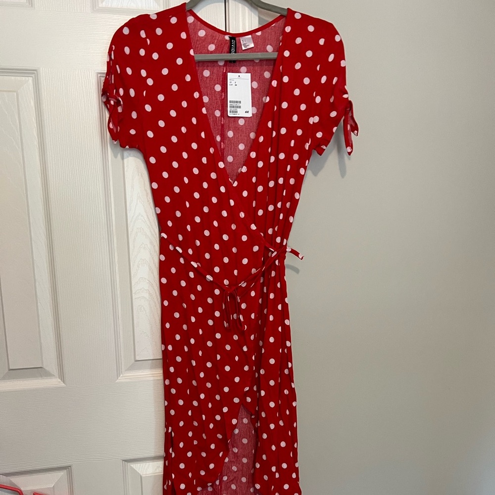 Red polka dot midi dress